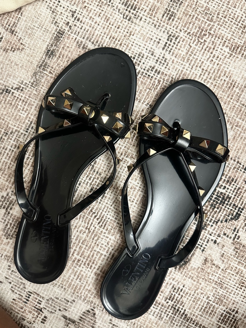 Valentino Black Jelly Bow Sandals with Gold Rockstuds